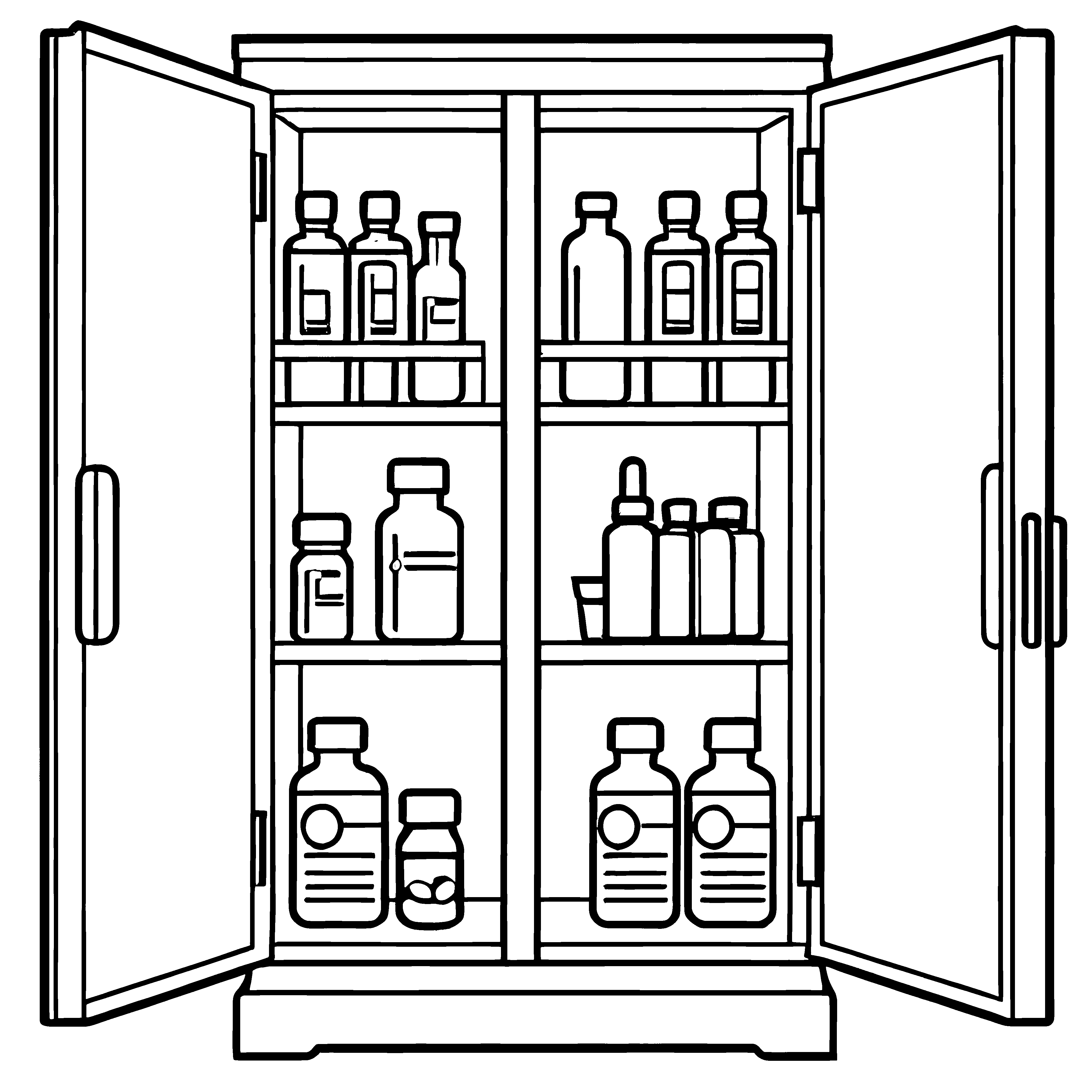 Geheimnisvoller Medikamentenschrank mit magischen Fläschchen Ausmalbild für neugierige Gesundheitsabenteurer