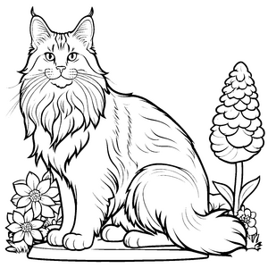 Schicke Maine Coon Katze mit bunten Blüten Ausmalmotiv für fantasievolle Künstler