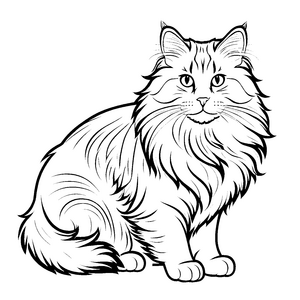 Fluffige Norwegische Waldkatze mit gelben Augen Ausmalmotiv für neugierige Tierfreunde mit Phantasie