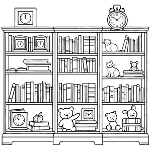Begeisternder Bücherregal mit Teddybären und Katzen Malvorlage für neugierige kleine Entdecker