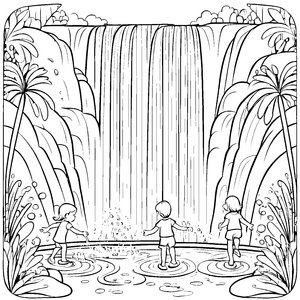 Spannender Wasserfall mit spielenden Kindern Ausmalbild für neugierige Entdecker