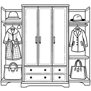 Bezaubernder Kleiderschrank mit modischen Accessoires und Hüten Ausmalvorlage für träumerische Stil-Künstler
