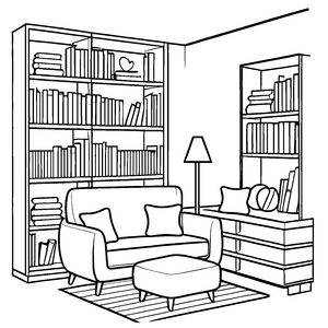 Gemütliche Leseecke mit weißem Sofa und Buchregal Ausmalmotiv für junge Traumerfänger