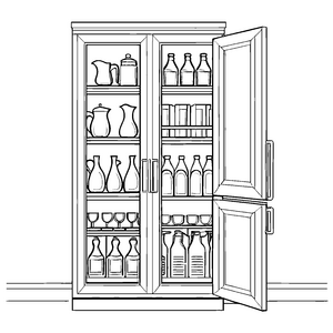Verführerischer Kühlschrank gefüllt mit verschiedenen Flaschen Ausmalbild für kleine Genusszauberer
