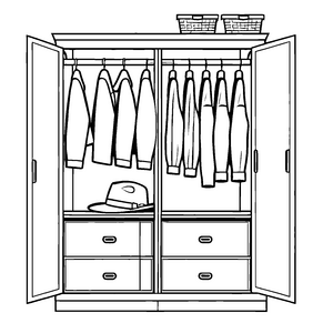 Vielfältiger Garderobenschrank mit bunten Kleidungsstücken Ausmalmotiv für kleine Stilzauberer