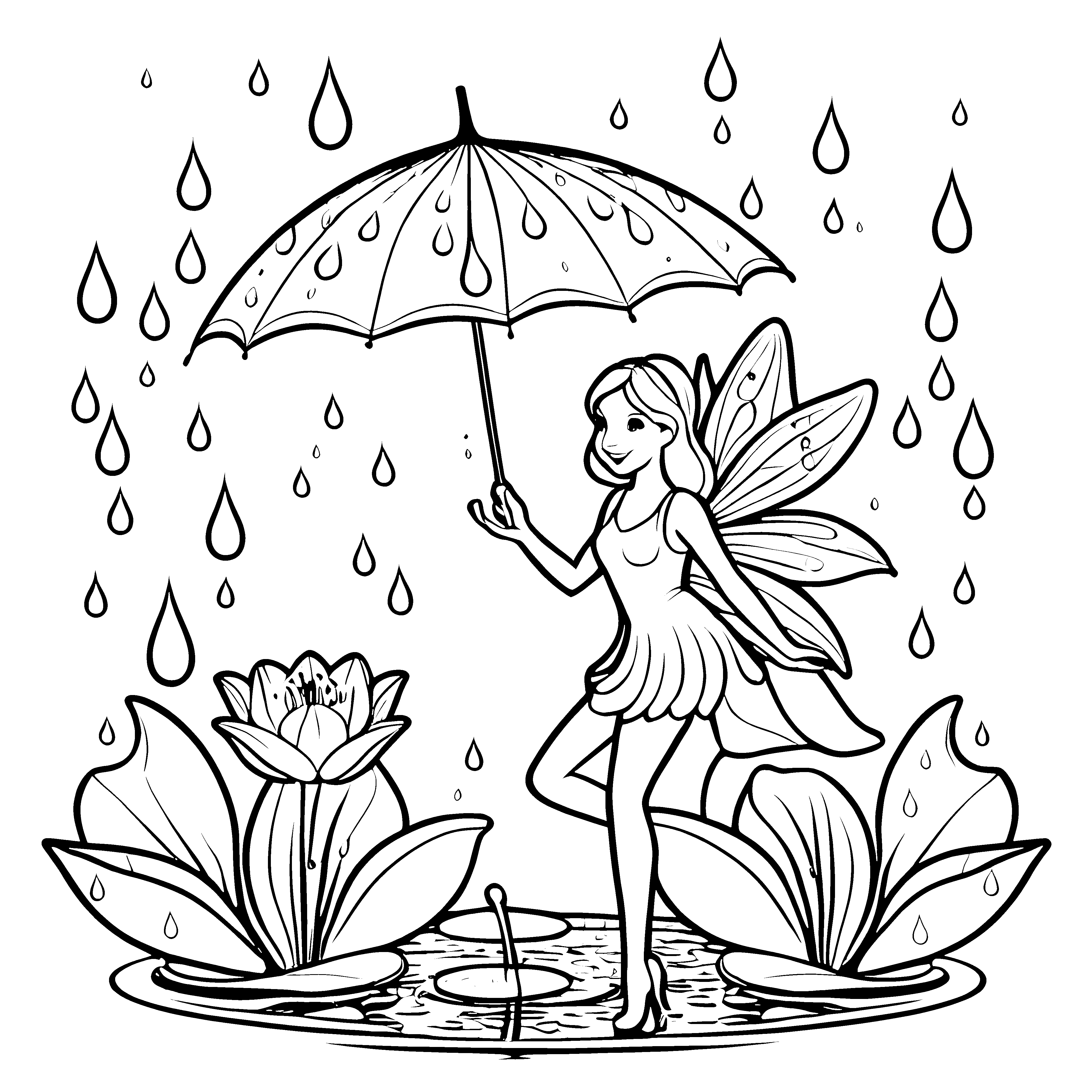 Zauberhafte Fee unter dem Regenschirm Ausmalbild für kreative Regenzauberer