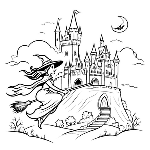 Zauberhafte Hexe auf dem Besen vor dem Spukschloss Ausmalbild für fantasievolle jungen Magier