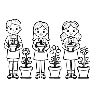 Bunte Blumenbepflanzung mit fröhlichen Kindern Ausmalbild für kleine Gartenkünstler