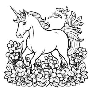 Elegantes Einhorn umgeben von blühenden Pflanzen Malvorlage für zauberhafte Entdeckerinnen