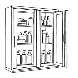Fantasievoller Badezimmerschrank mit bunten Fläschchen Ausmalmotiv für sprudelnde Ideen von kleinen Mischmeistern