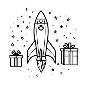 Geschenketragende Rakete zwischen funkelnden Sternen Malvorlage für phantasievolle Raumfahrer