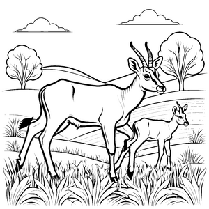 Eindrucksvolle Antilope mit ihrem kleinen Kalb Ausmalmotiv für abenteuerliche Entdecker