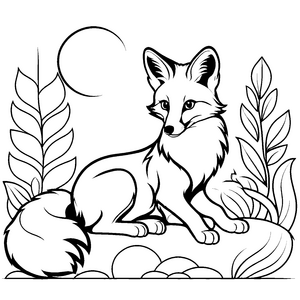 Schlauer Fuchs-Welpe mit buschigem Schwanz zwischen Steinen Ausmalvorlage für neugierige Kreativköpfe