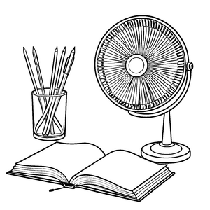 Lebhafter Ventilator mit kreativem Buch und Stiften Malvorlage für neugierige Köpfe
