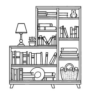 Fantasievoller Bücherschrank mit bunten Büchern und Deko-Ausmalbild für kleine Entdeckergeister