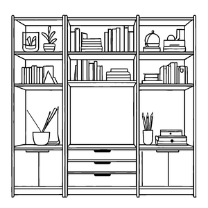 Beeindruckende Schrankwand mit zahlreichen Büchern und Pflanzen Ausmalbild für kleine Entdecker mit viel Fantasie