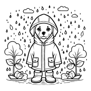Niedlicher Welpe in Regenjacke steht zwischen Pflanzen Ausmalmotiv für kleine Abenteuerlustige