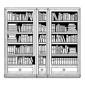 Ordentlicher Bücherschrank mit vielen bunten Büchern Ausmalbild für kleine Wissensentdecker