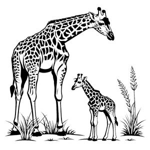 Majestätische Giraffe mit ihrem niedlichen Baby Ausmalmotiv für kleine Entdecker mit Herz