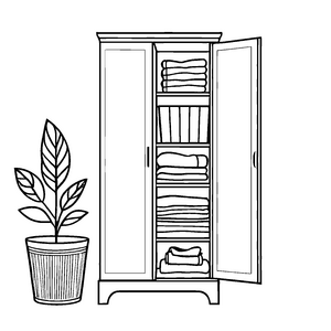 Fantasievoller Hochschrank mit lebendiger Pflanze und Handtüchern Ausmalmotivation für kreative Wohnraum-Designer