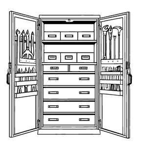 Fantasievoller Werkzeugschrank mit offenen Schubladen Ausmalbild für findige Erfinder und kreative Tüftler