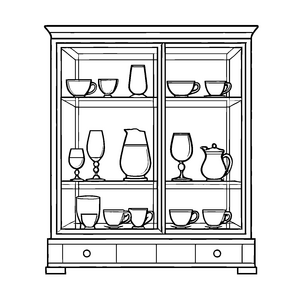 Bezaubernde Vitrine mit stilvollen Tassen und Vasen Ausmalvorlage für fantasievolle Entdecker