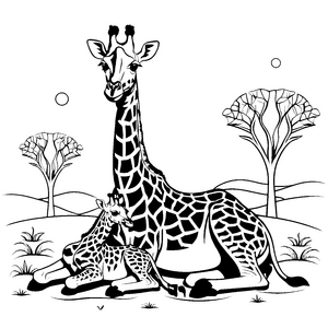 Sanfte Giraffe mit ihrem Schlafenden Jungtier Ausmalbild für träumende Naturliebhaber