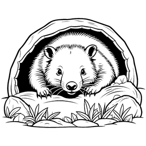 Neugieriger Wombat der unter einem Felsen lauscht Ausmalmotiv für kleine Abenteurer