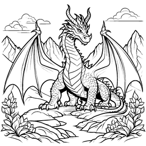 Faszinierender Drache auf felsiger Fläche Ausmalvorlage für mutige Fantasten