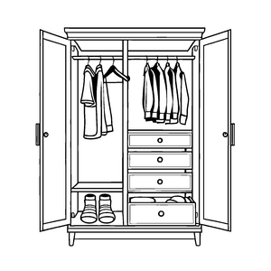 Bezaubernder Kleiderschrank mit schimmernden Kleidern und modischen Schuhen Malvorlage für künstlerische Trendsetter