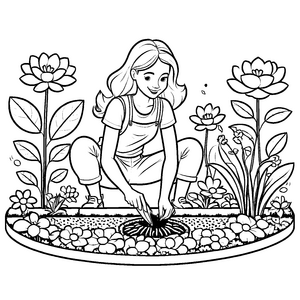 Begeisterte Gärtnerin mit bunter Blumenpracht Ausmalbild für kleine Naturschützer