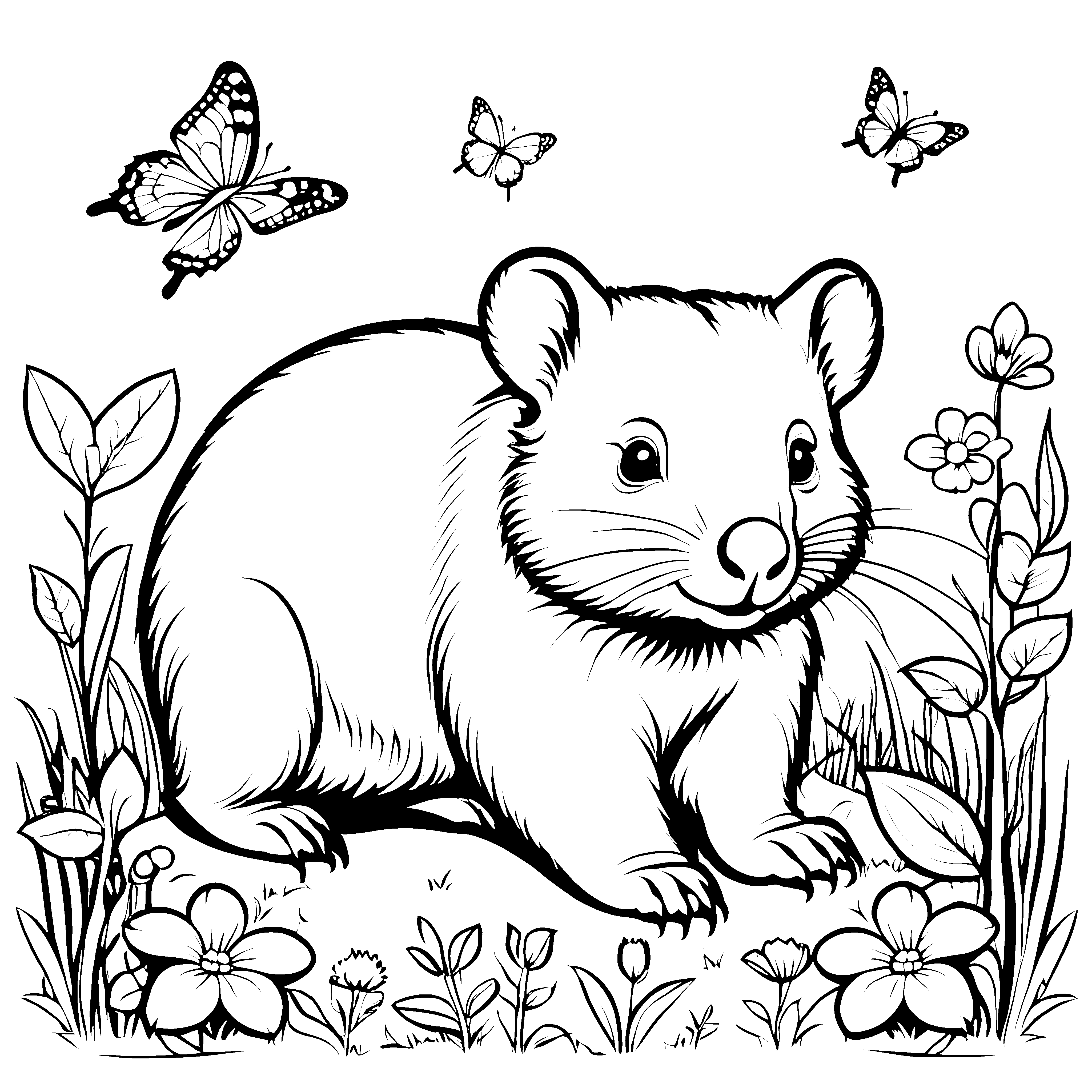 Niedlicher Baby-Wombat umgeben von Schmetterlingen Ausmalbild für fantasievolle Künstler