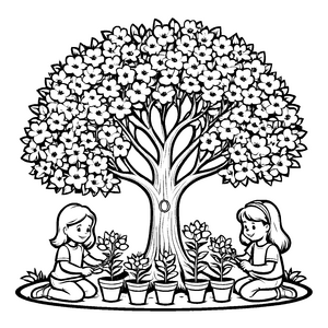 Fröhliche Kinder beim Pflanzen blühender Blumen Malvorlage für fantasievolle Gartenentdecker