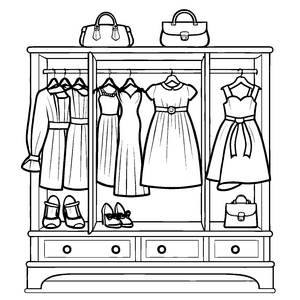 Wundervoller Kleiderschrank mit sieben einzigartigen Kleidern Malbild für kleine Stil-Entdecker