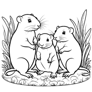 Drei neugierige Nacktmull Babys im grünen Gras Ausmalbild für abenteuerlustige Tierliebhaber