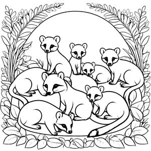 Acht niedliche Nasenbär Babys im Kreis Ausmalvorlage für kleine Tierfreunde