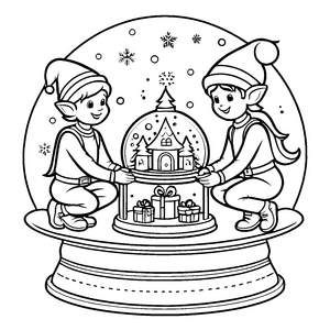 Faszinierende Schneekugel mit fröhlichen Kindern und Geschenken Malvorlage für kleine Winterfreunde