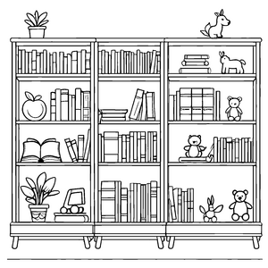 Fantasievolles Bücherregal mit Teddybären und tollen Geschichten Ausmalmotiv für kleine Leseratten