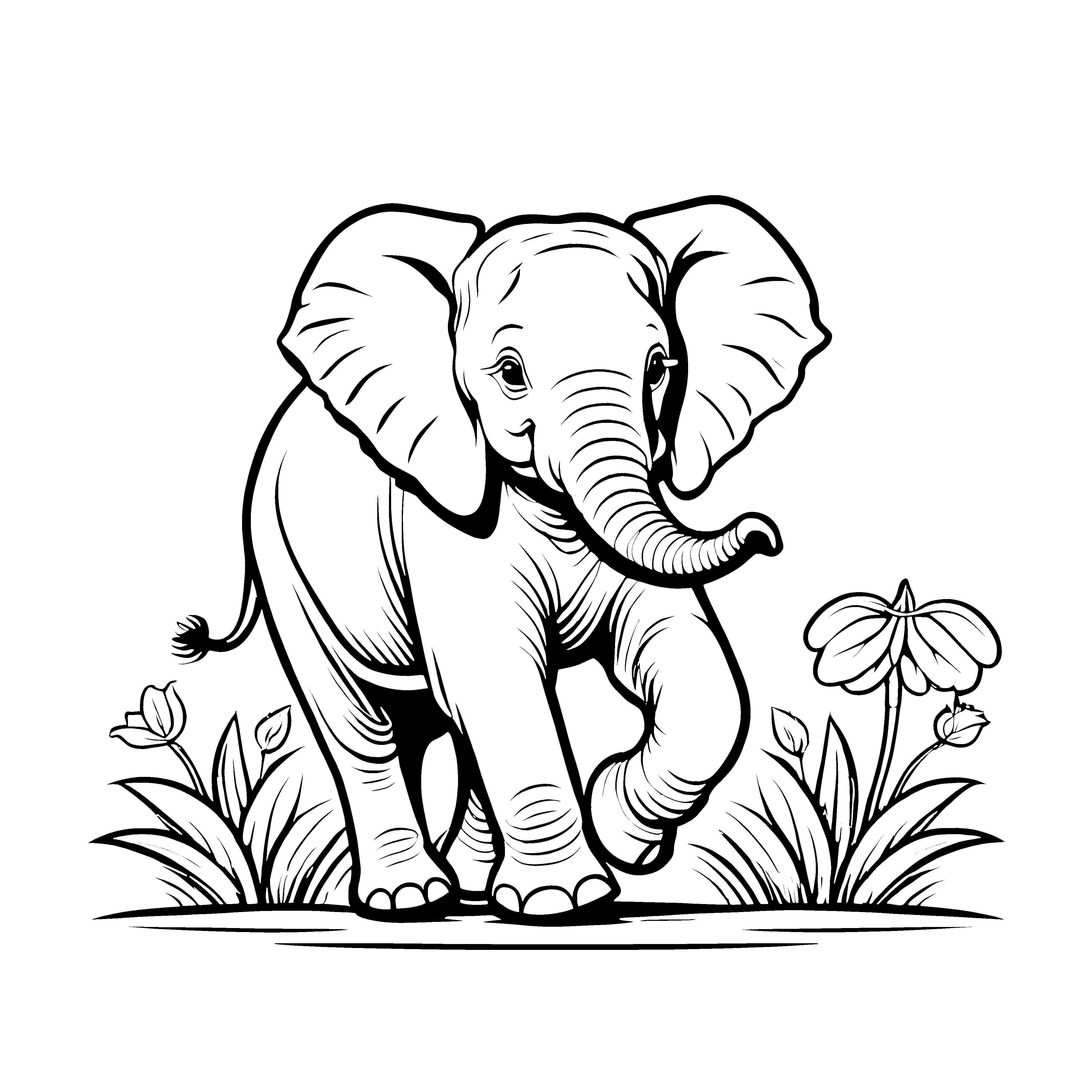 Fröhliches Elefantenbaby zwischen bunten Blumen Ausmalbild für kleine Naturfreunde