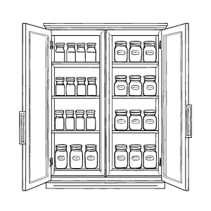Fantasievoller Küchenschrank mit bunten Gläsern Ausmalbild für neugierige Entdecker
