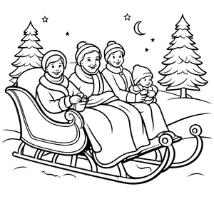 Frohe Familie auf dem Schlitten im Winter Ausmalmotiv für abenteuerlustige Weihnachtsfreunde