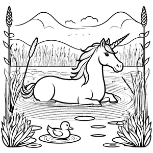 Verzaubertes Einhorn neben fröhlichem Entenpaar Ausmalmotiv für kleine Fantasieabenteurer