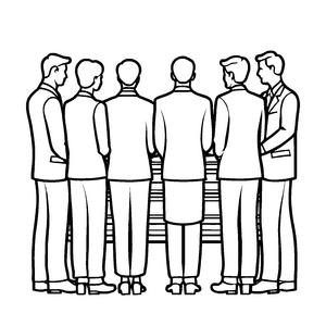 Sechs stilvoll gekleidete Männer am Podium Ausmalbild für nachdenkliche Freunde