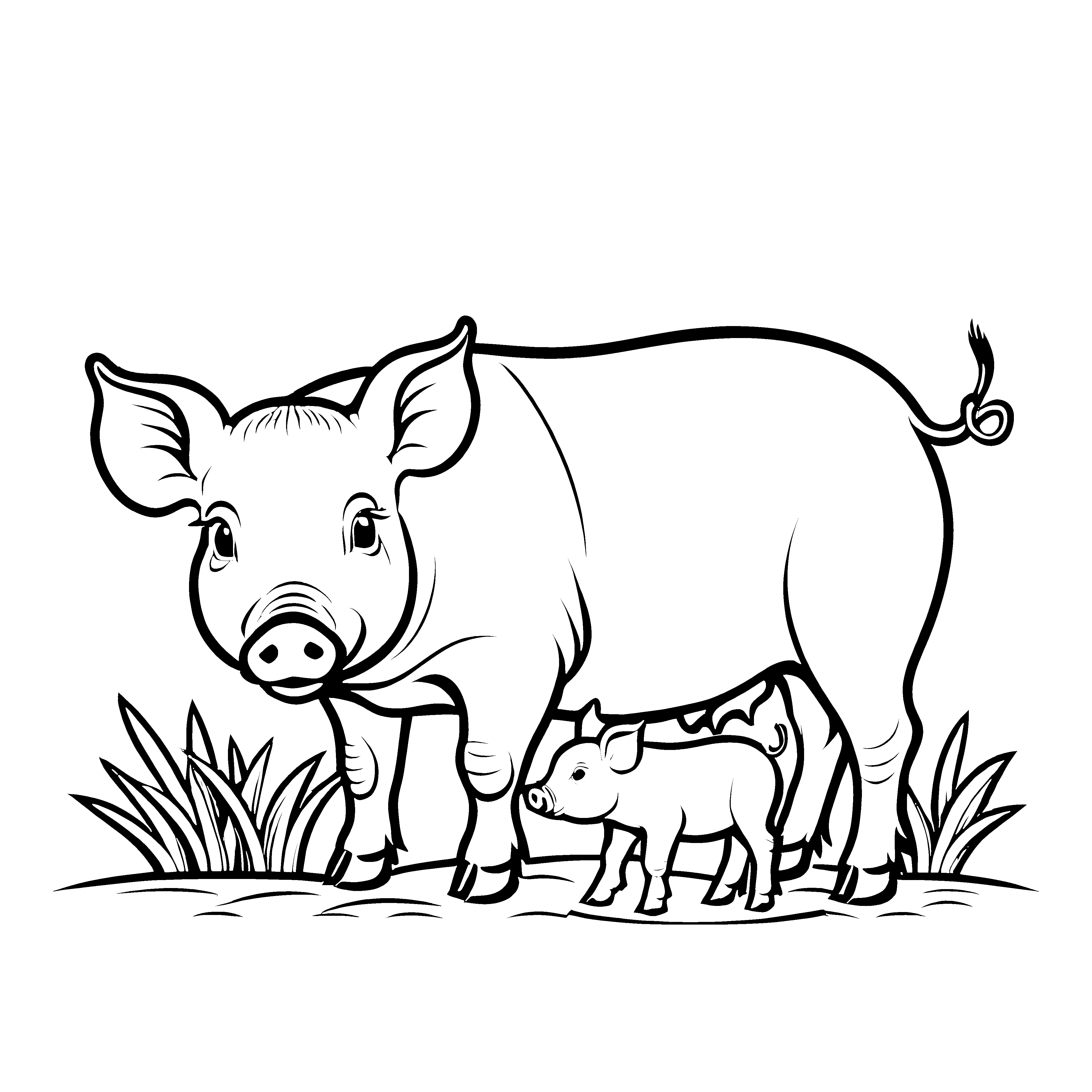 Fröhliche Hängebauchschweine mit ihrem Ferkel Malvorlage für kleine Naturentdecker
