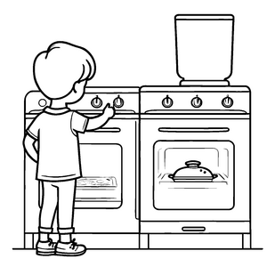 Neugieriger Junge blickt fasziniert in den Backofen Ausmalbild für junge Kochentdecker