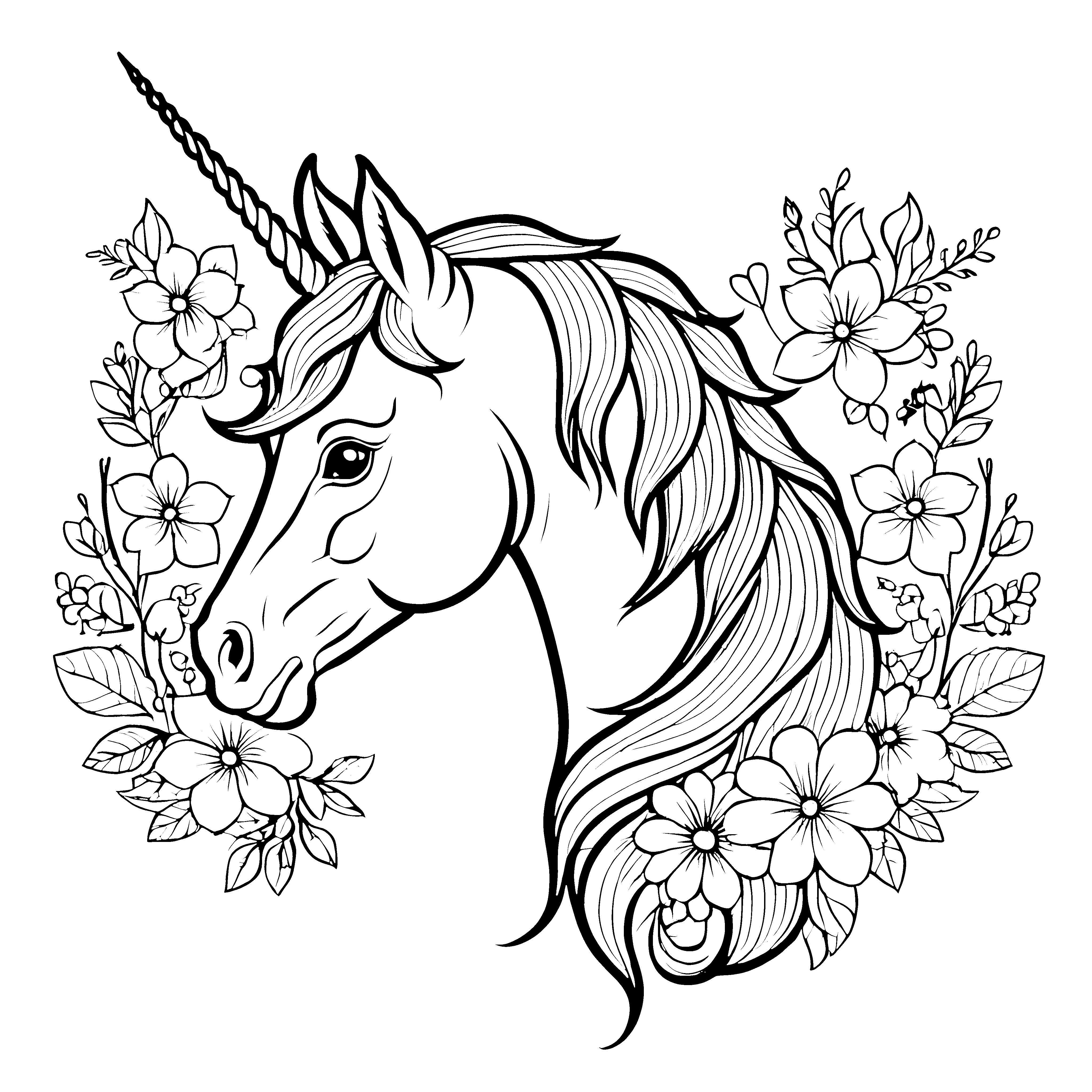 Fantasievolles Einhorn mit Blumenkranz Ausmalbild für kreative Zaubermeister