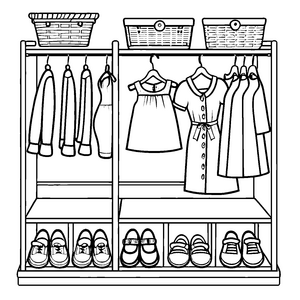 Fantasievoller Kleiderschrank mit farbenfrohen Kinderoutfits und Schuhen Ausmalvorlage für kleine Fashion-Liebhaber