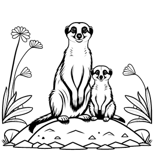 Niedliches Erdmännchen Baby mit seiner Mama auf Felsen Malvorlage für fantasievolle Tierliebhaber