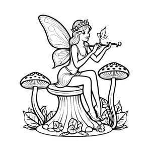 Bezaubernde Fee auf einem Pilz mit Zauberstab Ausmalbild für magische Fantasiehelden