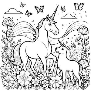 Fesselndes Einhorn neben schimmerndem Reh Ausmalbild für kleine Naturentdecker und fantasievolle Maler